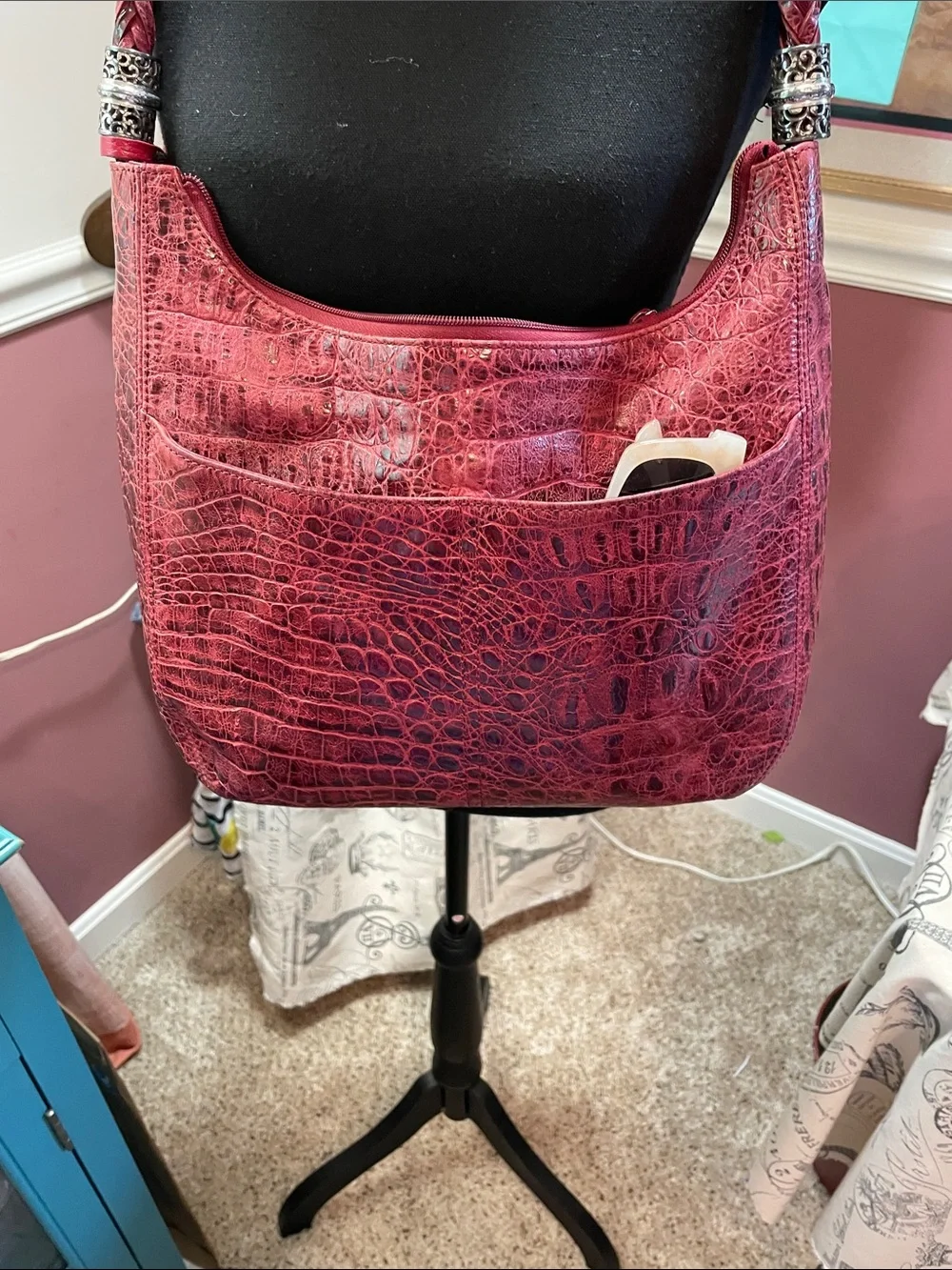 Red Textured Brighton Shoulder Bag with Heart Charms